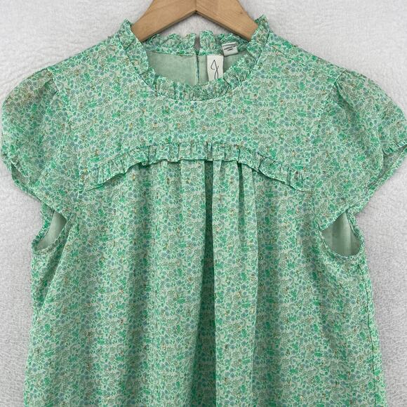 JOIE Top S Reut Crepe Floral Metallic Blouse Ruffle Flutter Sleeve Lined Green - Picture 3 of 12